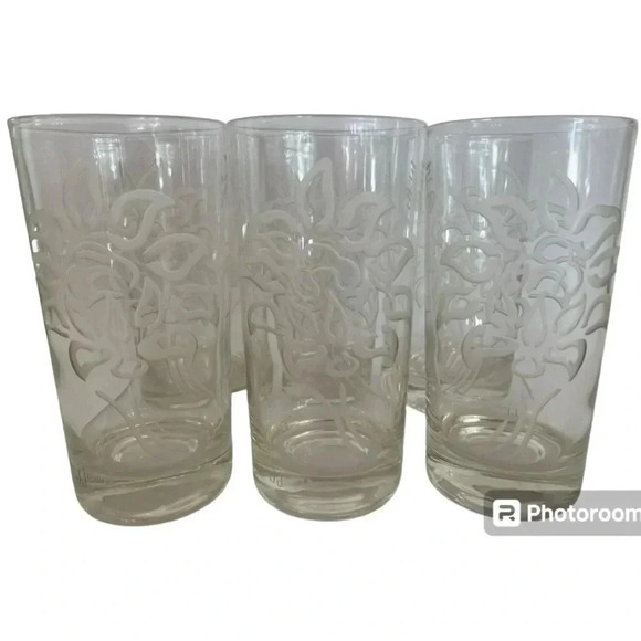 J. Jones Vintage Etched Chrysanthemum Japanese Tall Drink Glassware - Picture 1 of 7